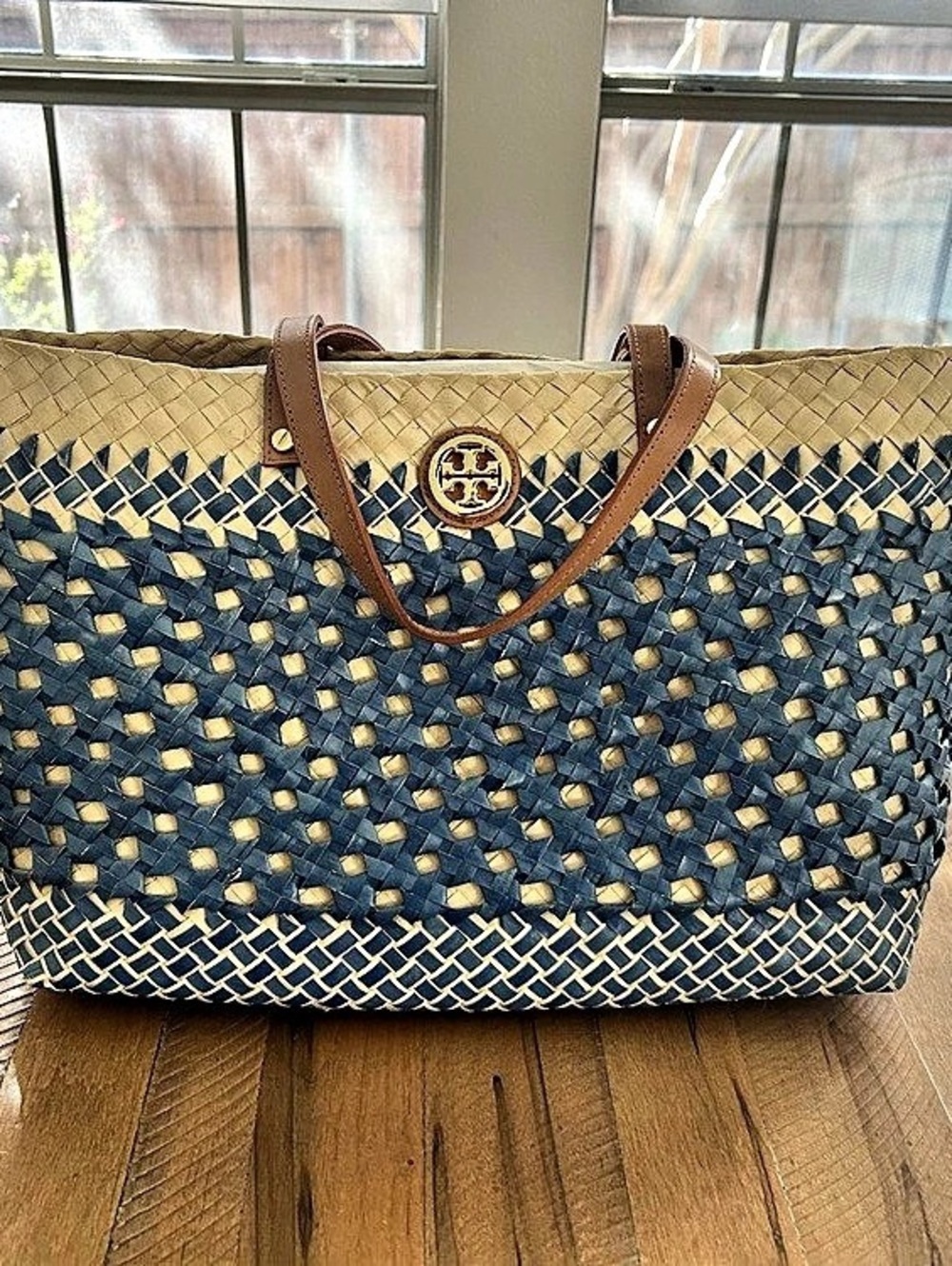 Tory Burch Ella Straw Basket Tote Blue & Tan